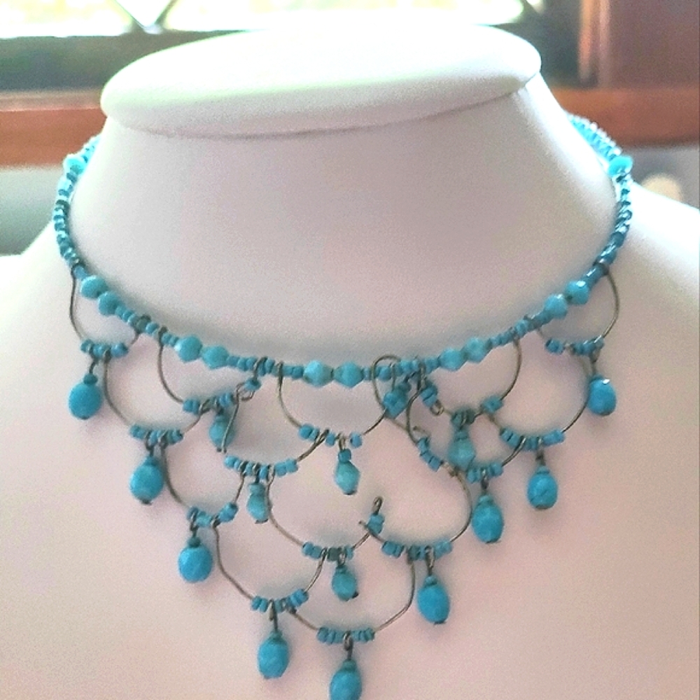 1990 Stretch Turquoise Color Fringe Necklace- 2nd Necklace as a gift.